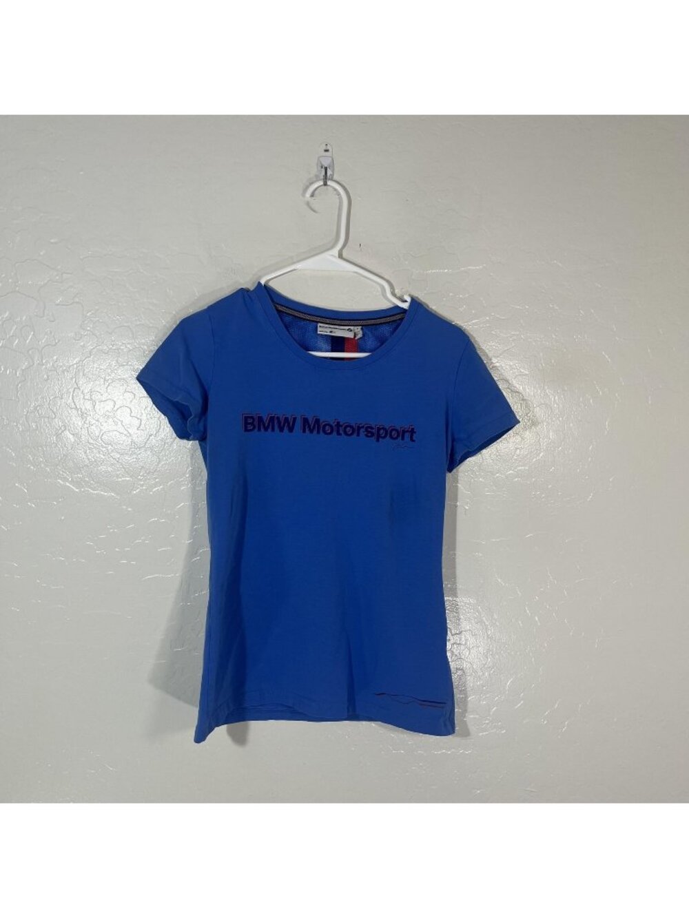BMW Motorsport T-Shirt Womens Small Blue Crew Neck Short Sleeve Graphic Top